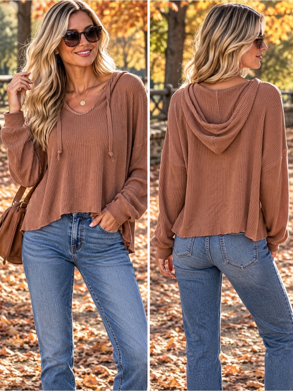 Double Zero Ribbed V‑Neck Hoodie in Warm Brown